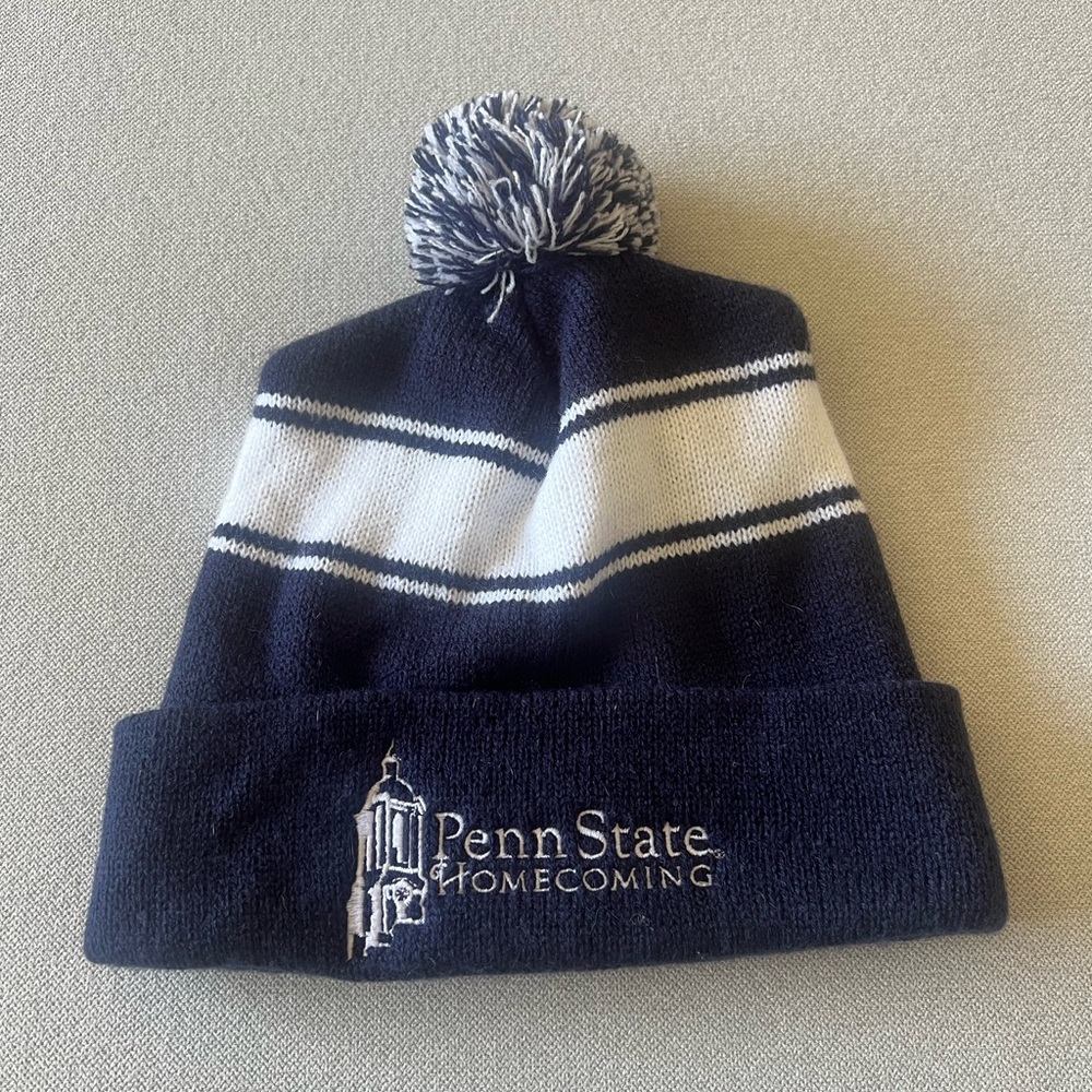 Penn State University Homecoming Logo Blue and White Pom Pom Beanie